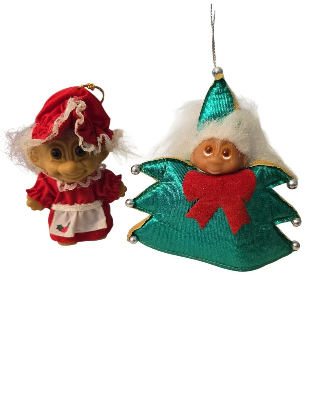 2 Vintage Trolls Small One Dressed As Christmas Tree and Mrs. Clause Russ & Dam